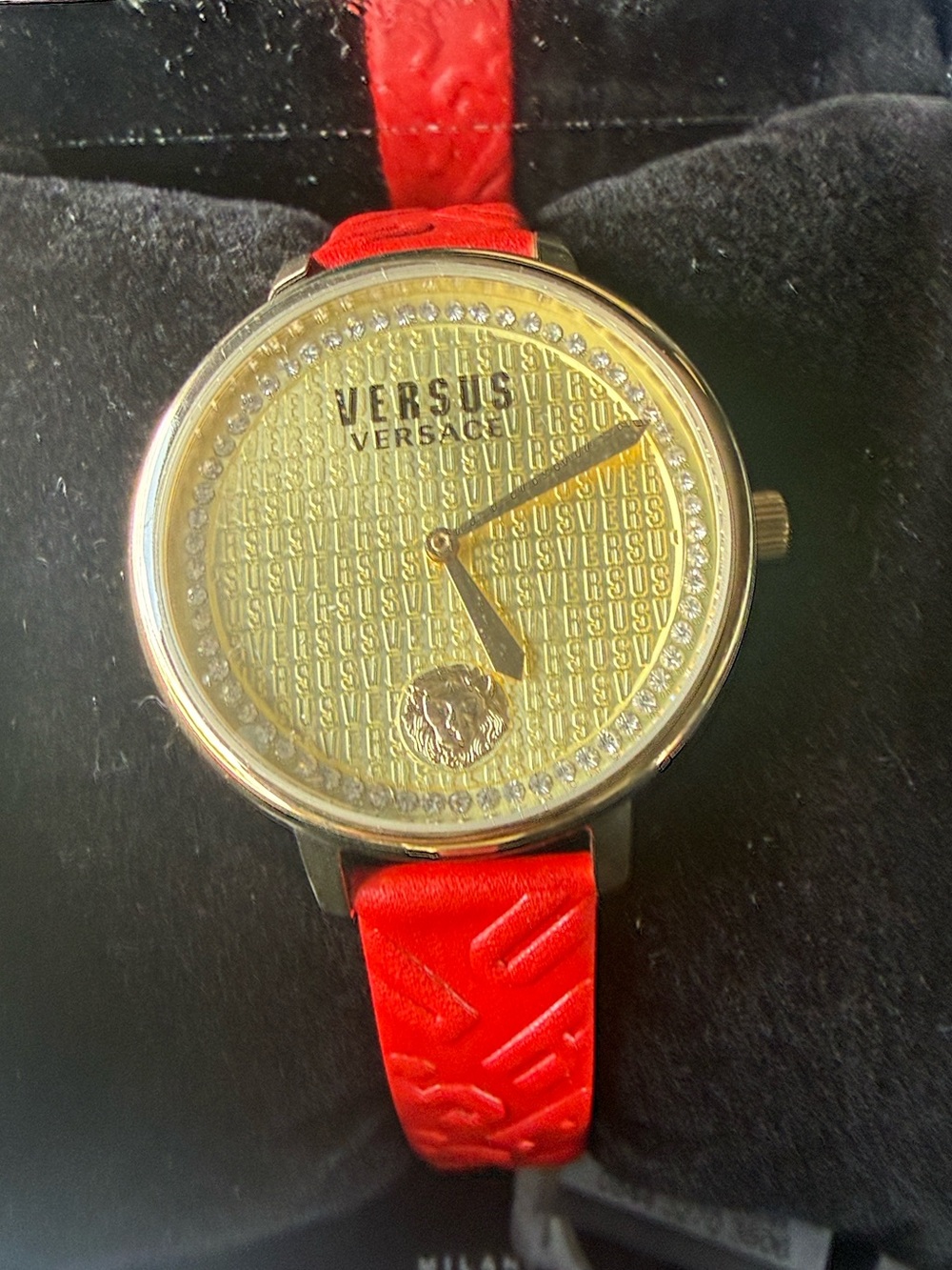 New in box Versus Versace Gold-Tone Dial Watch with Red Strap